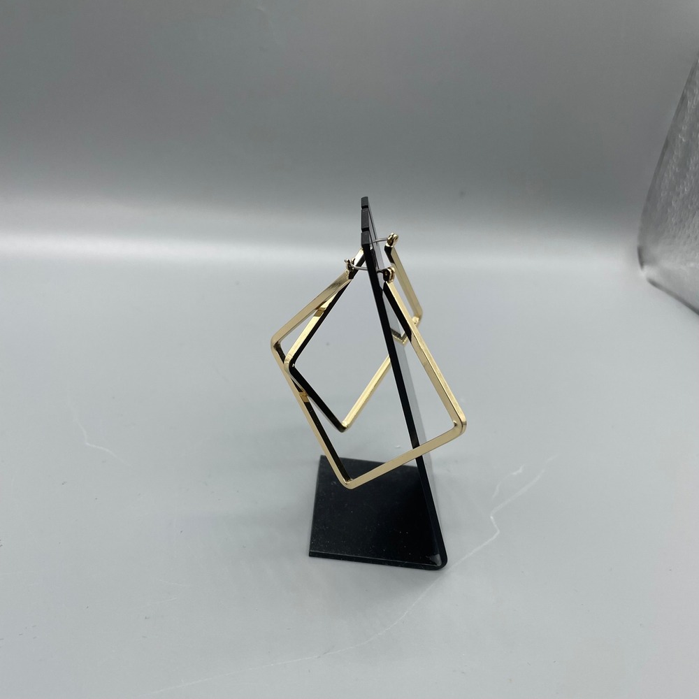 Gold Tone Geometric Square Diamond Hoop Earrings Large Flat Edge Statement - Picture 2 of 5